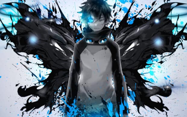 A character from Kekkai Sensen with a glowing cyber eye and dark wings in an artistic style, HD Desktop Wallpaper