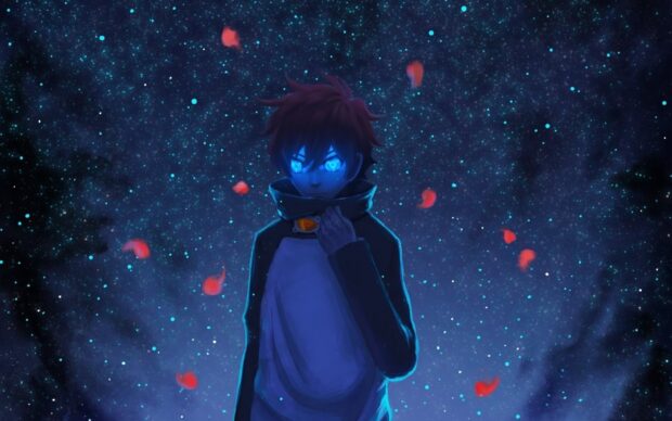 A Kekkai Sensen character stands in a starry night sky with glowing eyes and red petals, HD Desktop Wallpaper