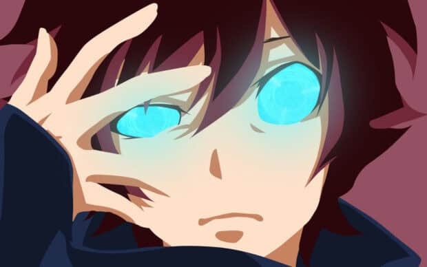 A character from Kekkai Sensen with glowing cyan eyes and dark hair, HD Desktop Wallpaper