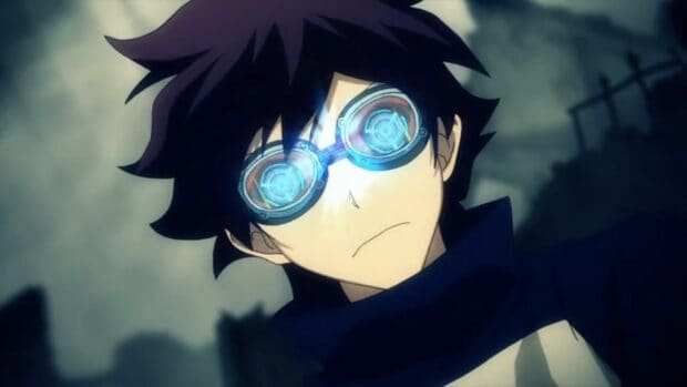 A character from Kekkai Sensen wears glowing high tech goggles in a dark setting, HD Desktop Wallpaper
