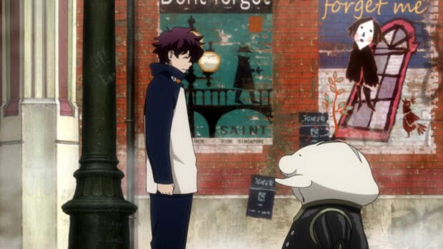 A character in a jacket stands face to face with a small white creature on the street, HD Desktop Wallpaper