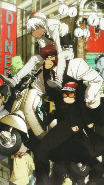 The Kekkai Sensen characters gather in a busy city scene, 2K Mobile Wallpaper