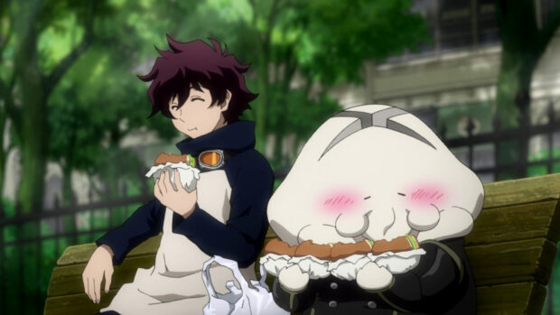 Two Kekkai Sensen characters enjoy sandwiches on a bench in a green park, HD Desktop Wallpaper