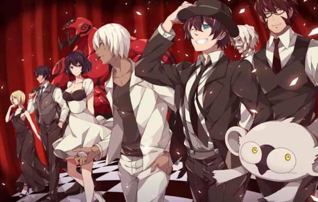 A group of Kekkai Sensen characters stand confidently with red curtains and checkered floor background, HD Desktop Wallpaper