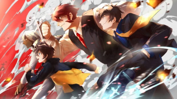 The Kekkai Sensen characters are running forward with energy effects and dynamic poses, HD Desktop Wallpaper