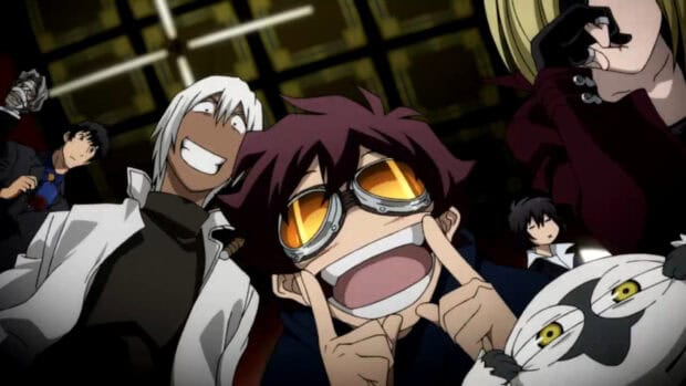 A group of Kekkai Sensen characters posing and smiling in a dark room, HD Desktop Wallpaper