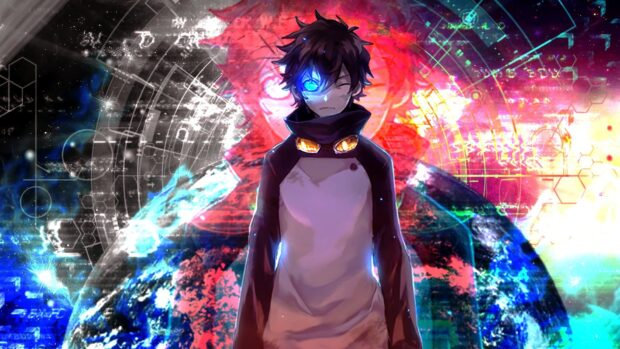 A futuristic character with a glowing eye stands before a digital and cosmic backdrop related to Kekkai Sensen, HD Desktop Wallpaper