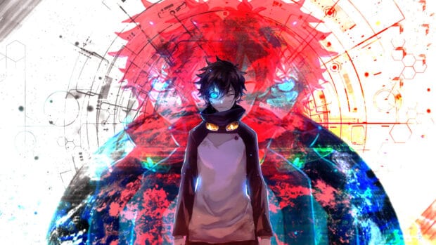 The Kekkai Sensen wallpaper features a determined character with glowing eyes and abstract red and blue effects, HD Desktop Wallpaper