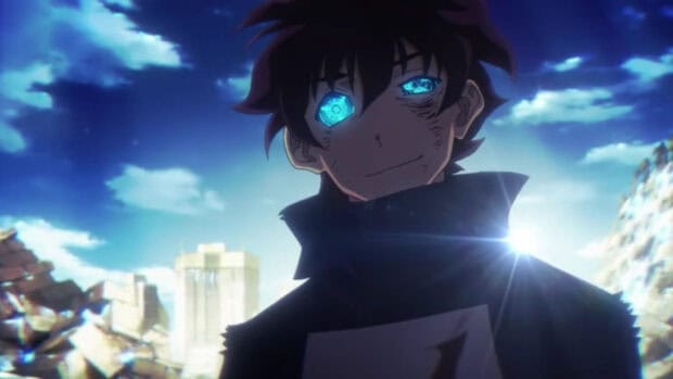 The character with glowing eyes stands confidently in a ruined city scene of Kekkai Sensen, HD Desktop Wallpaper