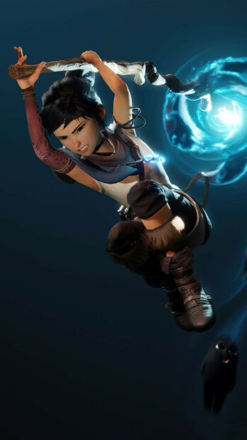 The character in Kena Bridge Of Spirits jumps while wielding a glowing staff, 4K Mobile Wallpaper