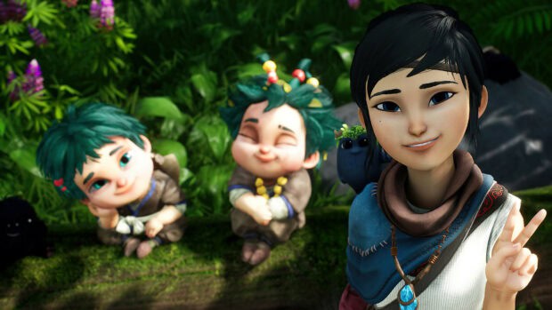 A girl and spirit companions smiling peacefully in a lush forest from Kena Bridge Of Spirits, 4K Desktop Wallpaper