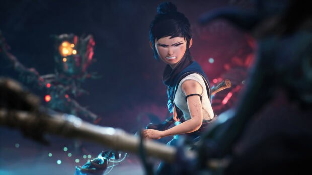 A determined character from Kena Bridge Of Spirits prepares to fight in a dark environment, 4K Desktop Wallpaper