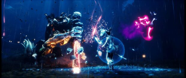 A magical battle scene from Kena Bridge Of Spirits shows the protagonist facing a large foe with glowing powers, 2K Desktop Wallpaper