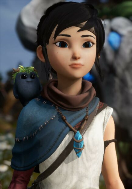 The Kena Bridge Of Spirits main character stands with a small spirit companion on her shoulder, HD Phone Wallpaper
