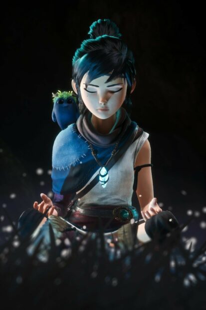 Kena is meditating with a small spirit on her shoulder in a dark environment, HD Mobile Wallpaper