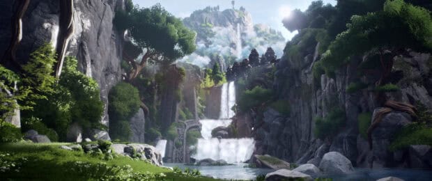 A stunning view of a waterfall in Kena Bridge Of Spirits with lush greenery and ancient ruins, 2K Desktop Wallpaper