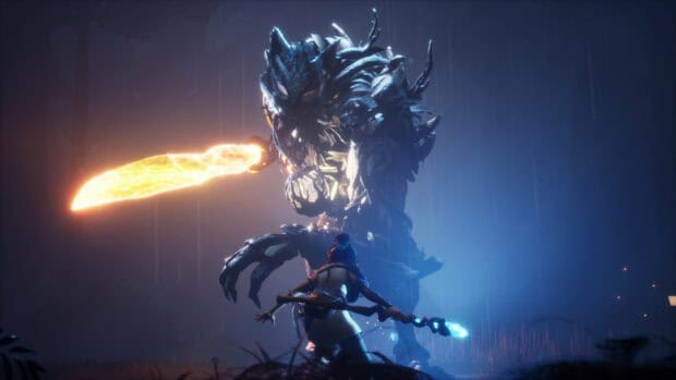 A fierce battle scene from Kena Bridge Of Spirits features a warrior confronting a giant glowing sword enemy, 4K Desktop Wallpaper