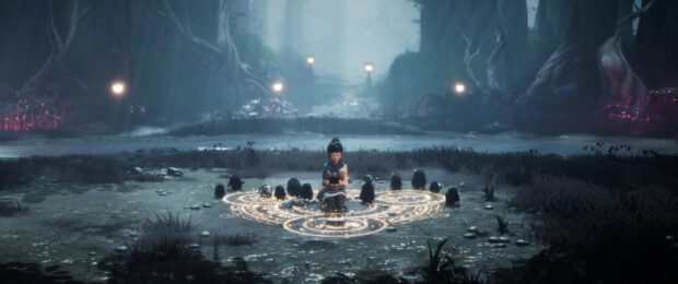 A girl performs a magical ritual surrounded by glowing symbols and small creatures in Kena Bridge Of Spirits, 2K Desktop Wallpaper