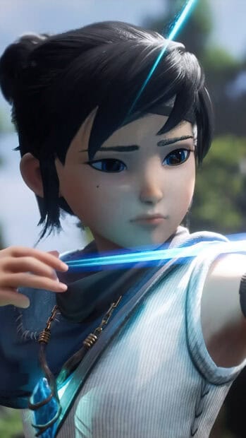 Kena prepares to shoot an arrow glowing with blue light in Kena Bridge Of Spirits wallpapers, 4K Mobile Wallpaper