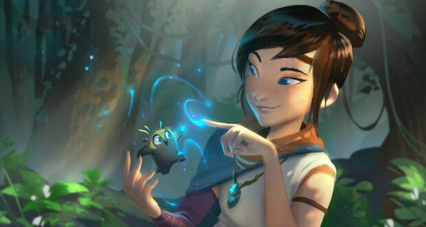Kena Bridge Of Spirits wallpapers showing a girl interacting with a small magical creature in a forest, 4K Desktop Wallpaper