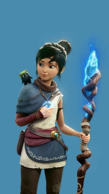 Kena Bridge Of Spirits Wallpapers featuring a young woman with a magical staff and companion, HD Mobile Wallpaper