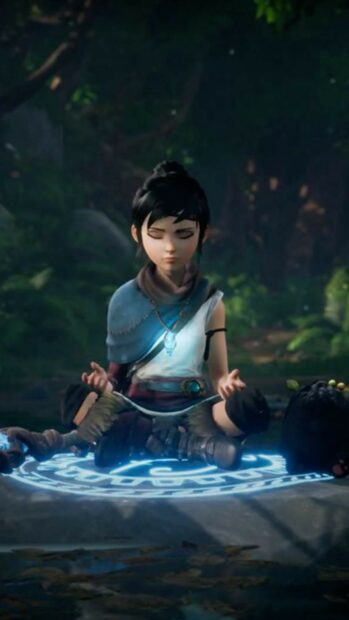 A young girl is meditating on a glowing magical symbol in a peaceful forest scene from Kena Bridge Of Spirits, HD Mobile Wallpaper