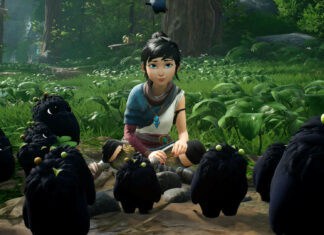 Kena surrounded by small spirit creatures in a lush forest scene from Kena Bridge Of Spirits, HD Desktop Wallpaper
