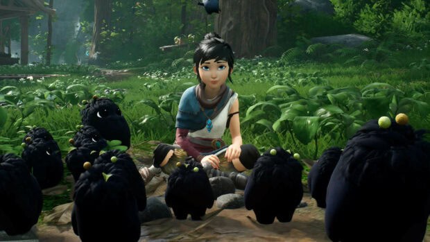 Kena surrounded by small spirit creatures in a lush forest scene from Kena Bridge Of Spirits, HD Desktop Wallpaper