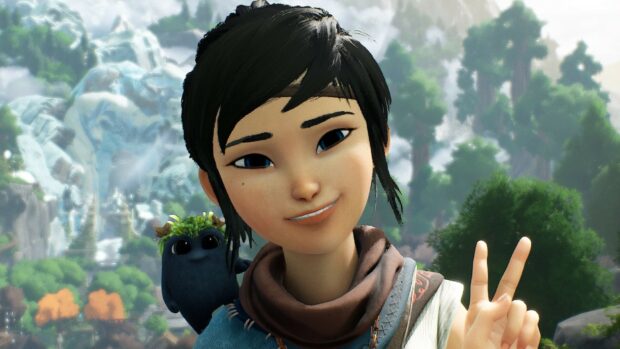 Kena smiling with a spirit companion in a lush forest, HD Desktop Wallpaper