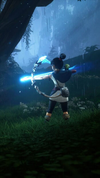 A character from Kena Bridge Of Spirits wallpapers draws a glowing bow in a mystical forest, HD Phone Wallpaper