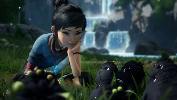 Kena is lying on grass surrounded by small black creatures near a waterfall, 4K Desktop Wallpaper
