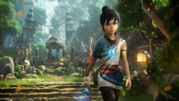 A young girl with a glowing staff walks through a mystical ancient forest in Kena Bridge Of Spirits, HD Desktop Wallpaper