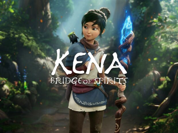 The scene shows Kena holding a glowing staff surrounded by forest spirits in Kena Bridge Of Spirits, 2K Desktop Wallpaper