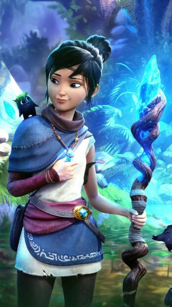 Kena holds her glowing staff while standing in a vibrant forest with mystical creatures, 2K Phone Wallpaper