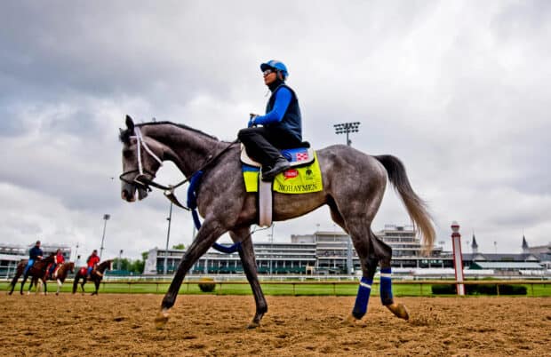 A jockey rides a gray horse named Mohaymen during the Kentucky Derby event, HD Desktop Wallpaper