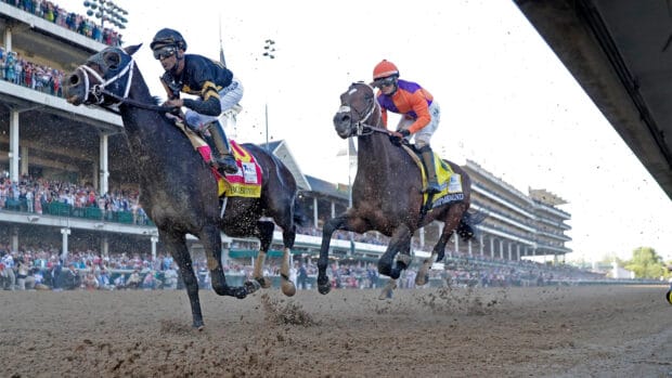 Two jockeys race horses at the Kentucky Derby event, HD Desktop Wallpaper