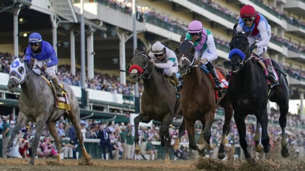 Jockeys and horses competing fiercely at the Kentucky Derby race, 4K Desktop Wallpaper