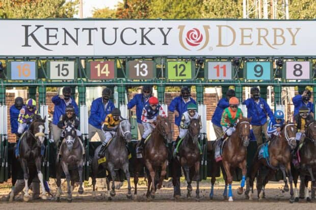 Jockeys and horses race from the starting gate at the Kentucky Derby event, HD Desktop Wallpaper