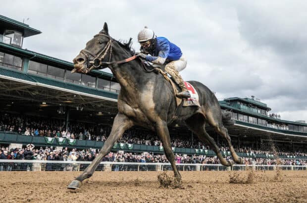A jockey riding a horse during the Kentucky Derby race in front of the crowd, 2K Desktop Wallpaper