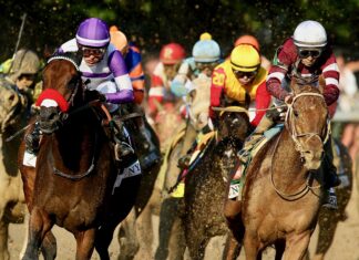 Jockeys compete in the Kentucky Derby horse race event, 2K Desktop Wallpaper