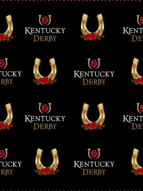 The image shows the Kentucky Derby logo paired with golden horseshoes and red roses on a black background, 2K Mobile Wallpaper