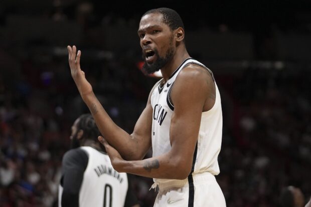 Kevin Durant is showing emotion during a Brooklyn Nets game, HD Desktop Wallpaper