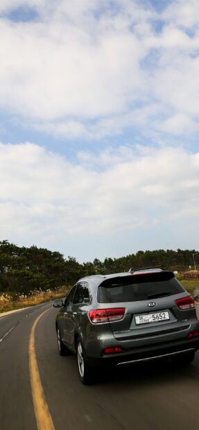 A Kia car is driving on a winding road surrounded by trees and grass under a cloudy sky, 2K Mobile Wallpaper