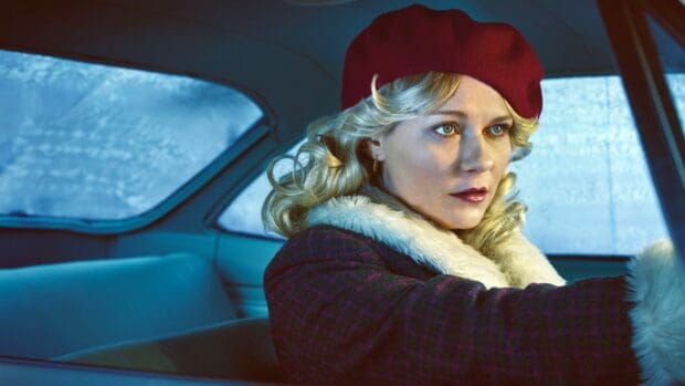 Kirsten Dunst in red beret driving in a vintage car, 2K Desktop Wallpaper
