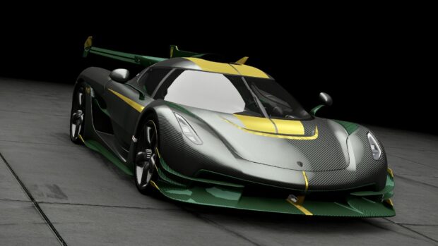 A Koenigsegg wallpaper shows a sleek car with green and yellow carbon fiber details, HD Desktop Wallpaper