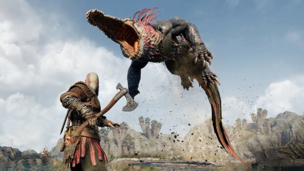 Kratos is preparing to fight a sea monster in an intense battle scene from God Of War Ragnarok, 4K PC Wallpaper