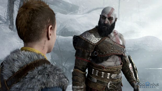 Kratos and Atreus stand in a snowy landscape discussing their mission during God of War Ragnarok, HD Desktop Wallpaper