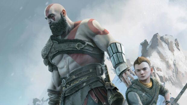 Kratos and Atreus stand ready for battle in a snowy mountain, 4K Desktop Wallpaper