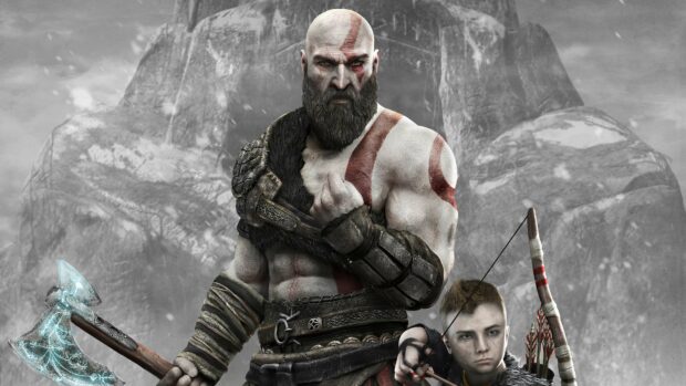 This God Of War Wallpapers features Kratos with his glowing axe and Atreus aiming a bow in a snowy mountain setting