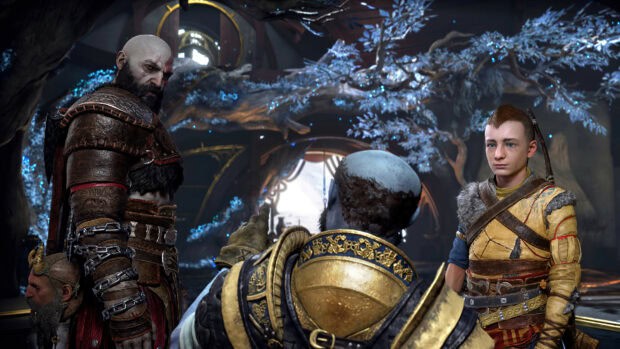 Kratos and Atreus face a mysterious armored figure in a detailed room lit with glowing blue foliage, 4K Desktop Wallpaper